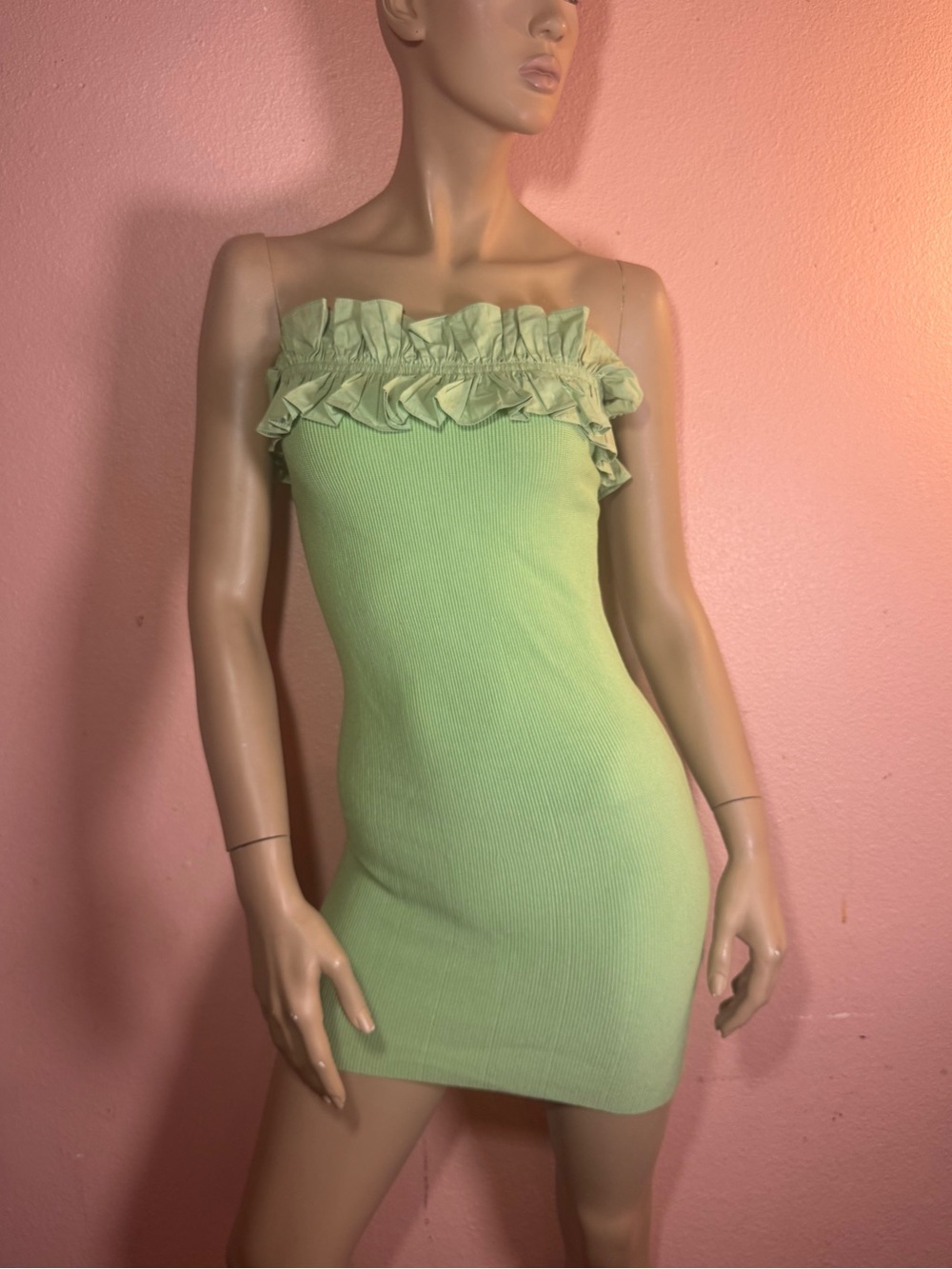 Forever 21 NWT Lime Green Strapless Ribbed Ruffle Bodycon Mini Dress Small